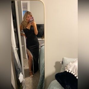 Dillard’s Honey and Rosie Black Rhinestone Fringe Slit Formal Gown